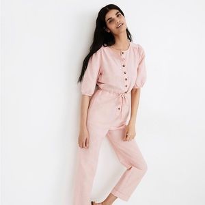 Linen-Blend Puff-Sleeve Tassel-Tie Jumpsuit
